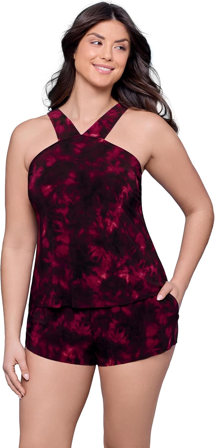 Aqua Green Womens Slimming High Neck Adjustable Swim Romper with Pockets