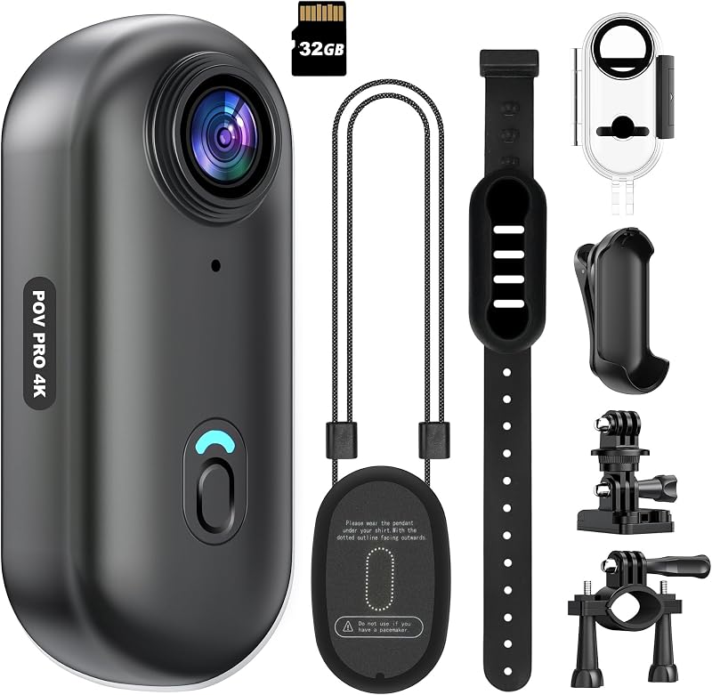 Mini cámara de acción WiFi 4K, 32 GB, POV para pulgar, cámara portátil para el cuerpo, grabadora de vídeo portátil con videocámara subacuática impermeable IPX7, soporte para casco, DV deportivo magnético para bicicleta, ciclismo, mascotas, vlogging (negro)