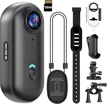 4K Mini WiFi Action Camera 32GB Thumb POV Portable Body Cam Wearable Video Recorder with IPX7 Waterproof Underwater Camcorder, Helmet Mount, Magnetic Sport DV for Bike Cycling, Pet, Vlogging(Black)