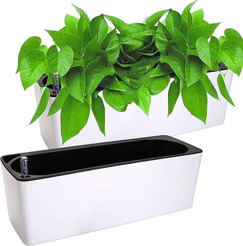 Fasmov Paquete de 2 macetas rectangulares de riego automático con indicador de nivel de agua, caja de jardinería de ventana de 16 x 5.5 pulgadas,