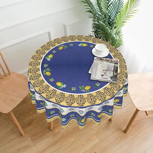 Miniatura 3 de Mantel redondo amarillo y azul de 60 pulgadas, para primavera y verano, color limón, lavable, color azul marino, para cocina, comedor, vacaciones,