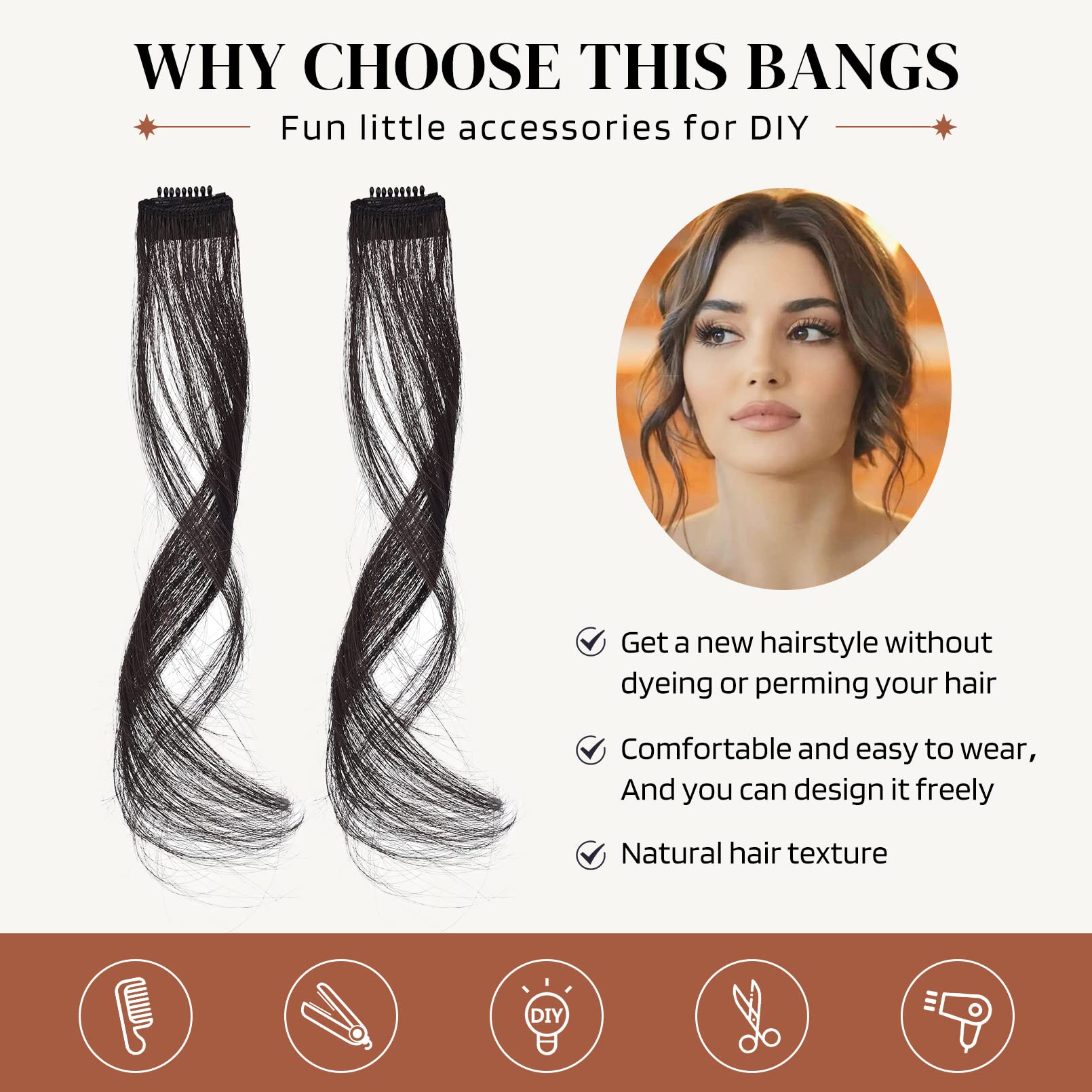 Flufymooz Side Air Bangs,2PCS Clip in Bangs Front Side Bangs Set Long Temples, Bangs Hair Clip on Fringe Bangs with Temples Synthetic Long Dragon beard Bangs Hair 12 inch (Black Brown) - Image 3