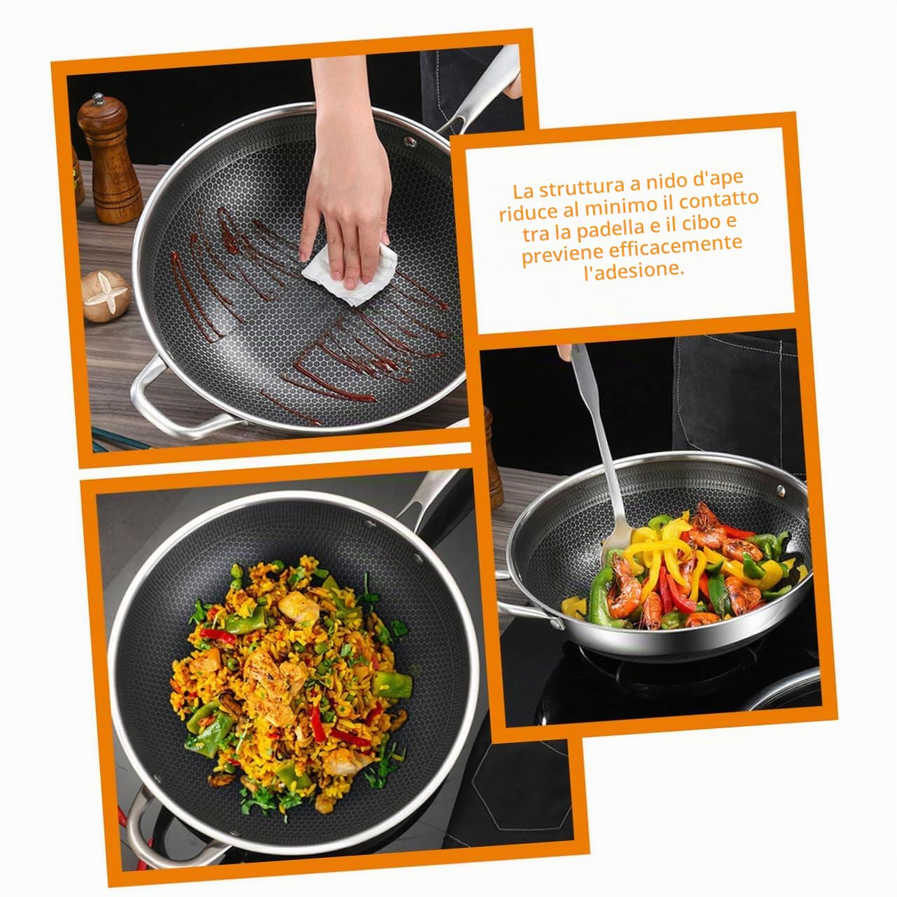 Ciieeo Padella wok a nido d'ape in acciaio inox a doppia maniglia con fondo piatto per a gas e induzione accessorio da cucina pentola antiaderente