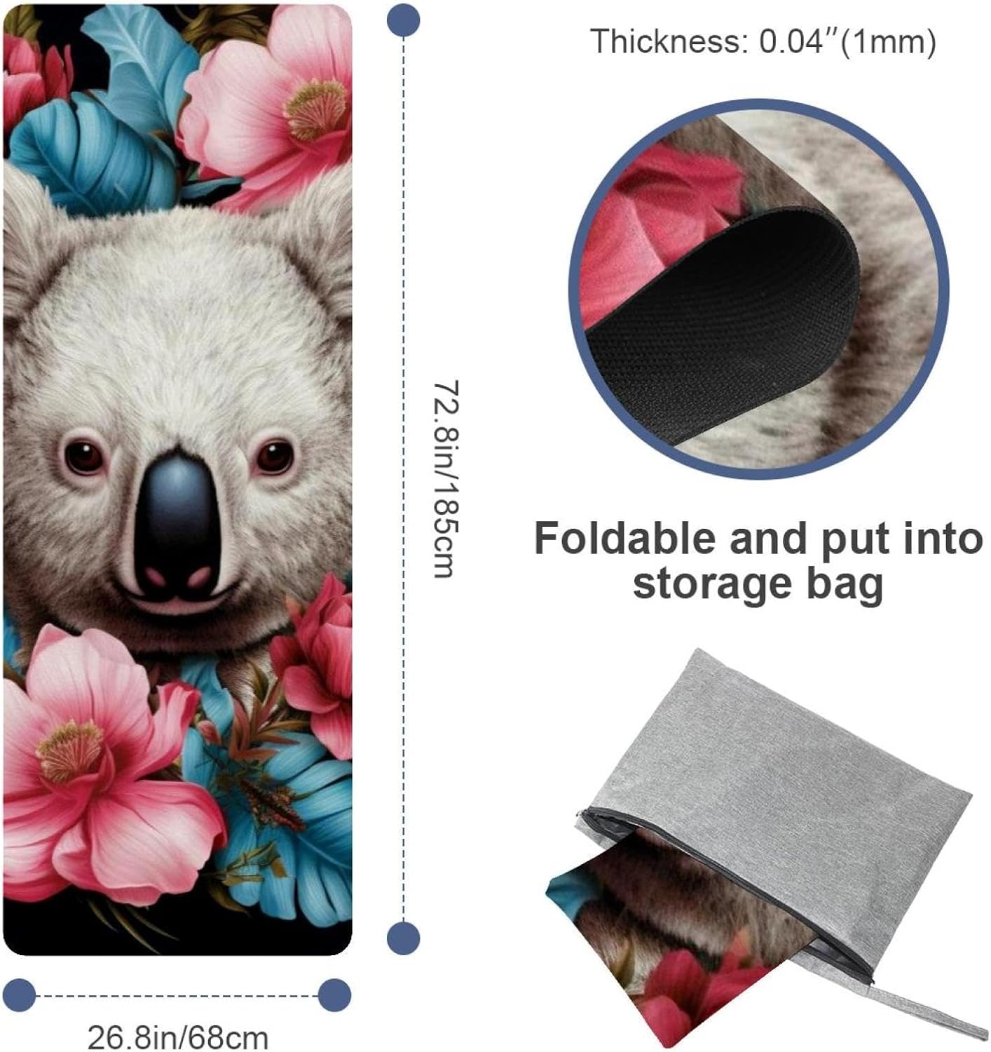 Yoga Towel, Koala Flowers Pattern Non Slip Sweat Absorbent Hot Yoga Mat Towel for Hot Yoga, Pilates and Fitness - 72.8" x 26.8"