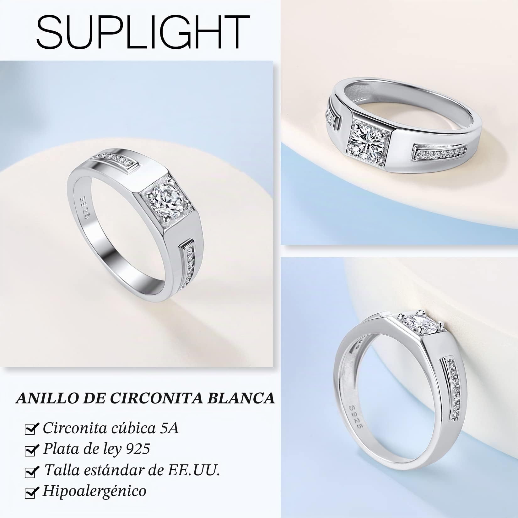 Suplight Anillos de Plata de Ley 925 Anillos Compromiso Pareja Anillo con Circonita Negra/Blanca/Azul Tamaño 12-30