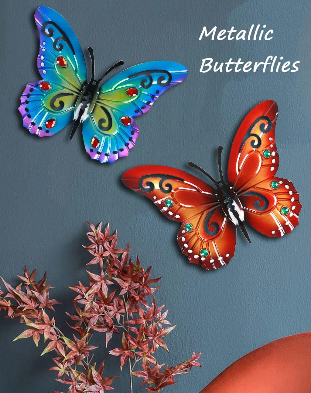 Miyolo 2 Pcs Metal Butterflies Fence Yard Art Garden Decor, 14" Large Butterfly for Outdoor Patio Backyard Balcony Sculpture, Colorful