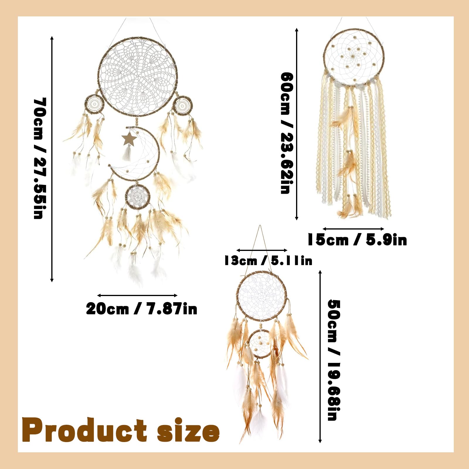 Juego de atrapasueños para colgar en la pared, diseño de luna y sol, plumas hechas a mano, decoración bohemia de habitación, marrón, 5 piezas