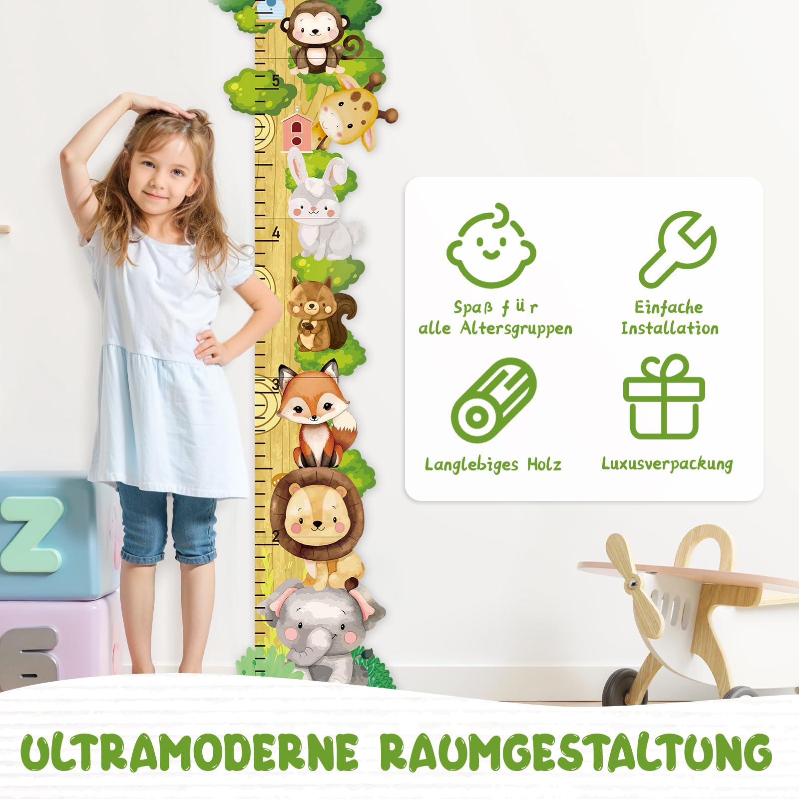 Personalisiert Messlatte Kinder Holz für Baby- & Kleinkinderzimmer mit Namen, Abnehmbares Messlineal für Baby-Messlatte für Schlafzimmer, Wanddekoration (Waldtiere)
