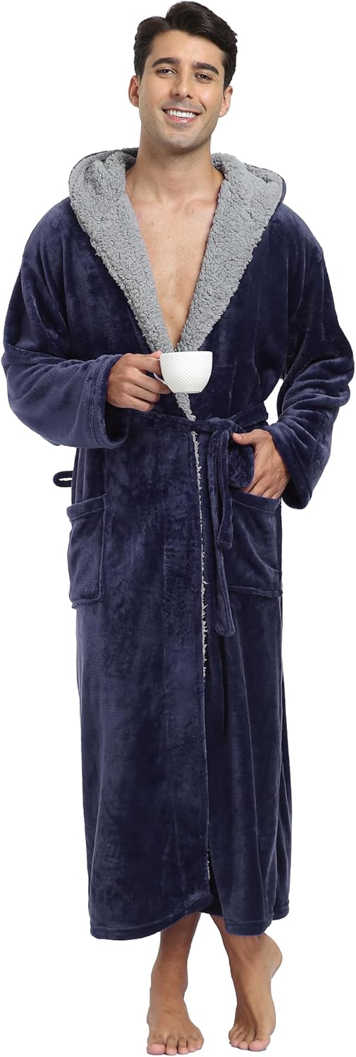 goodmansam Mens Long Flannel Robes with Hood Plush Warm Bathrobes Cozy Spa Robe With Pockets - Image 3