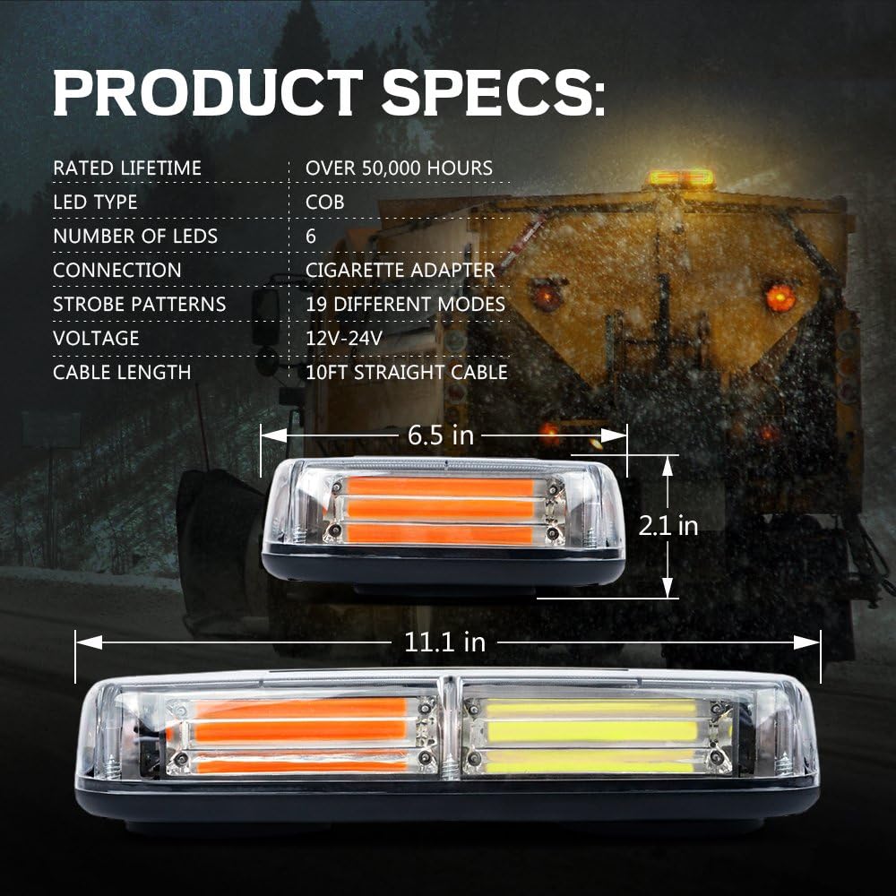 Xprite COB LED White Amber/Yellow Roof Top Warning Strobe Light 19 Flash Modes w/Magnetic Base Mini Beacon Lights Bar for 12V Hazard Emergency Construction Vehicles Snow Plow Trucks Bus : Automotive
