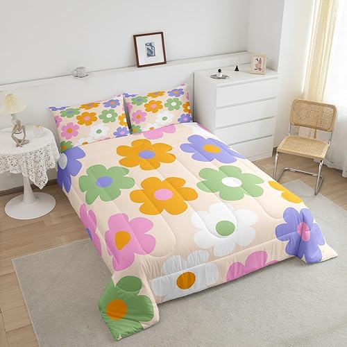 Miniatura 3 de Manfei Juego de edredón Groovy tamaño Queen de los años 70, edredón alternativo retro con flores de margaritas, decoración de dormitorio de adultos,