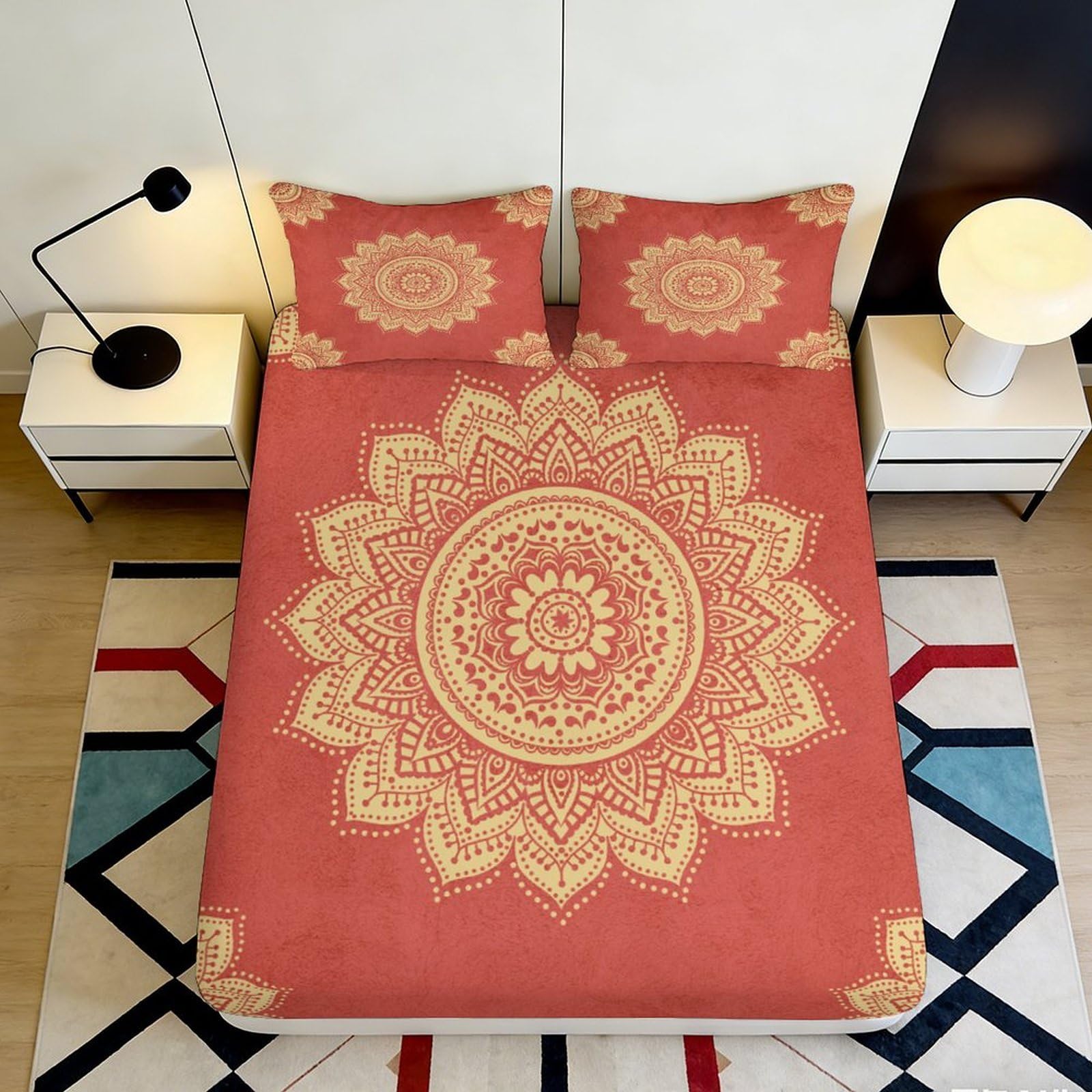 3D Printed Mandala Fitted Sheet Microfiber Non-Slip Deep Pocket Mandala Mattress Fitted Cover Bedroom Bedding for Adults Teens 200x200x25cm