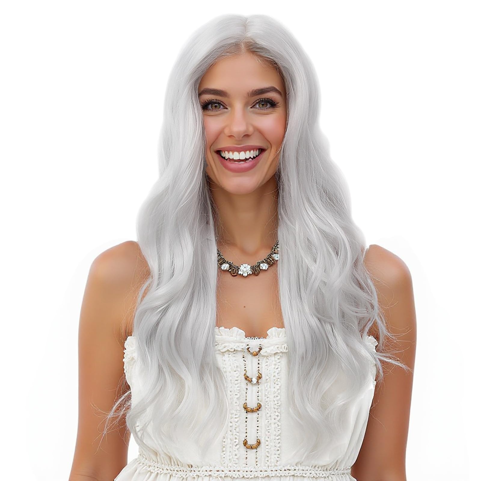 Grey Natural Wave Long Women Lace Front Synthetic Wigs 6X4X0.5 T-Part Lace Wig Curly Wigs with 180 Density Side Part Synthetic Hair for Womens Ladies Daily Used 24inch - Image 3