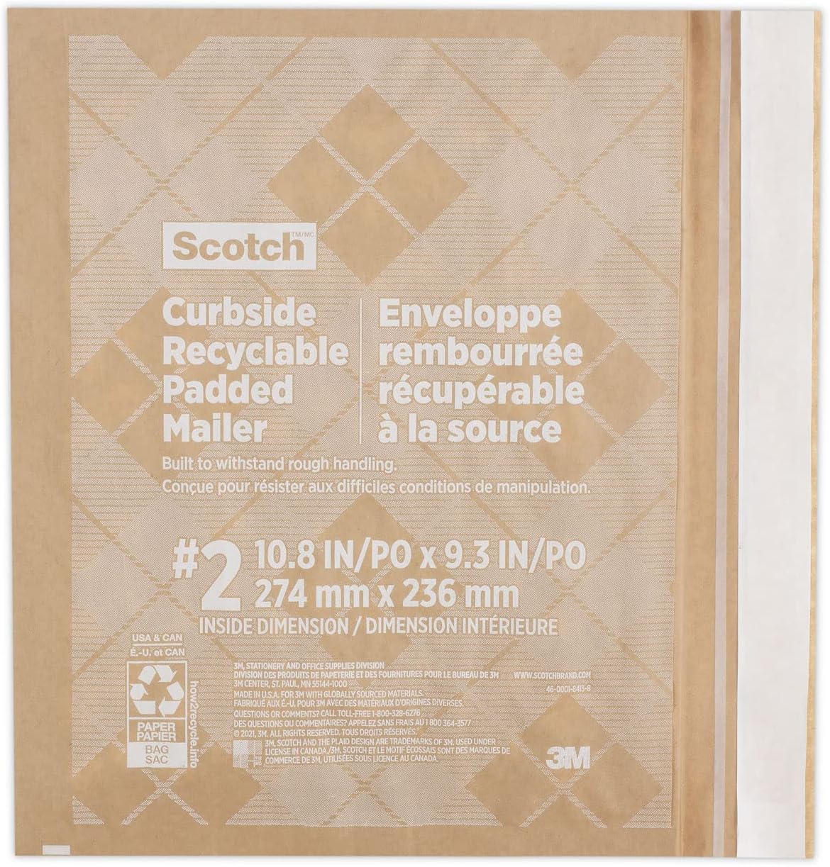 Scotch Curbside Recyclable Padded Mailer, #2, Bubble Cushion, Self-Adhesive Closure, 11.25 x 12, Natural Kraft, 100/Carton