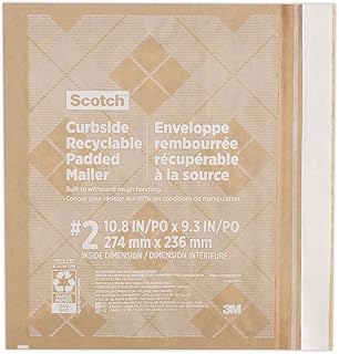 Scotch Curbside Recyclable Padded Mailer, #2, Bubble Cushion, Self-Adhesive Closure, 11.25 x 12, Natural Kraft, 100/Carton