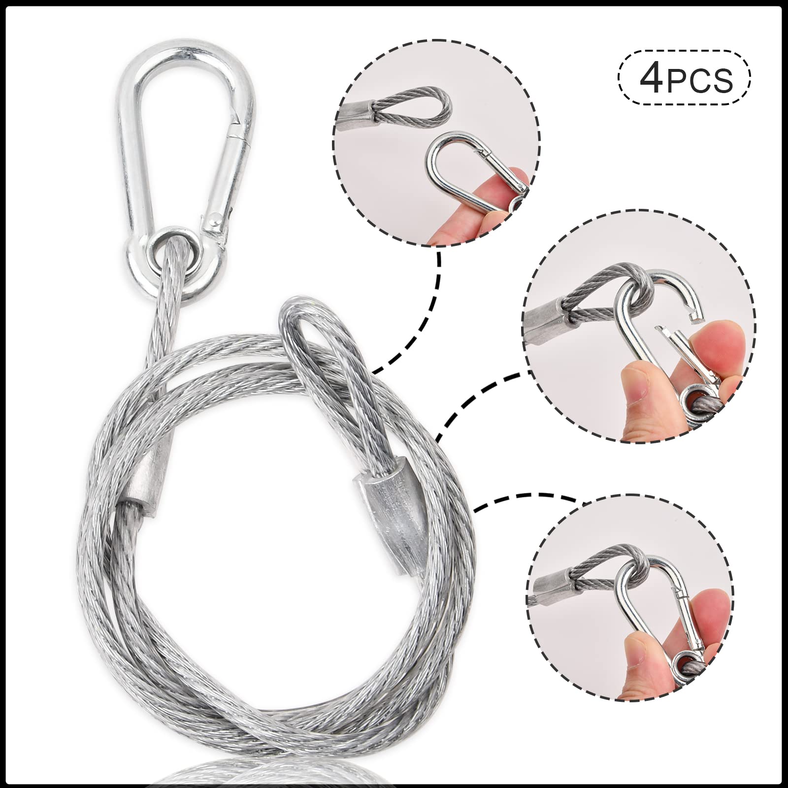 Fil Acier 4mm 80cm Fixation Lot De 4 Câbles Acier PVC Dokeno 4mm X 80cm Avec Crochets - Parfait Pour Suspendre Panneaux LED, éclairages Et Affichages