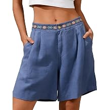 Aymnlox Bermuda Shorts Women Embroidered Cotton Linen Short Button Down Waisted with Pockets Dressy Casual Trendy Summer