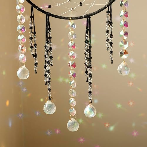 Miniatura 8 de Artilady Atrapasueños de macramé  Atrapasueños de luna grande con atrapasoles de cristal, macramé bohemio para colgar en la pared, atrapasueños de