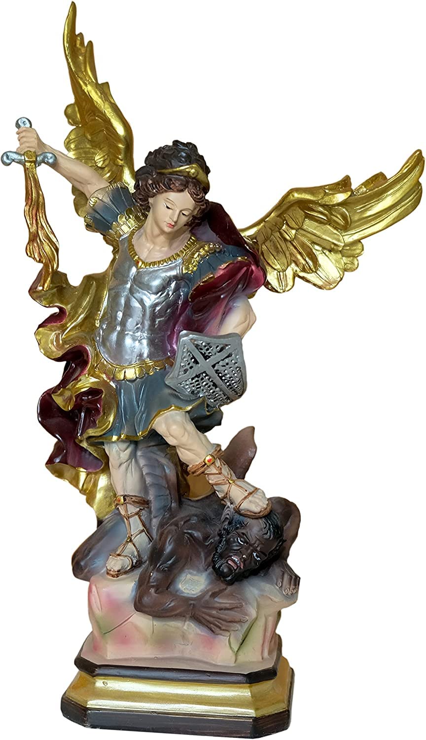 Geschenkidee - 30 cm Heiligenfigur Heiliger Michael Erzengel Schutzpatron Deutschlands und der Kirche - Handgemalte Figur auf Sockel - Hochwertiger Kunstguss aus Resin – Dekoration