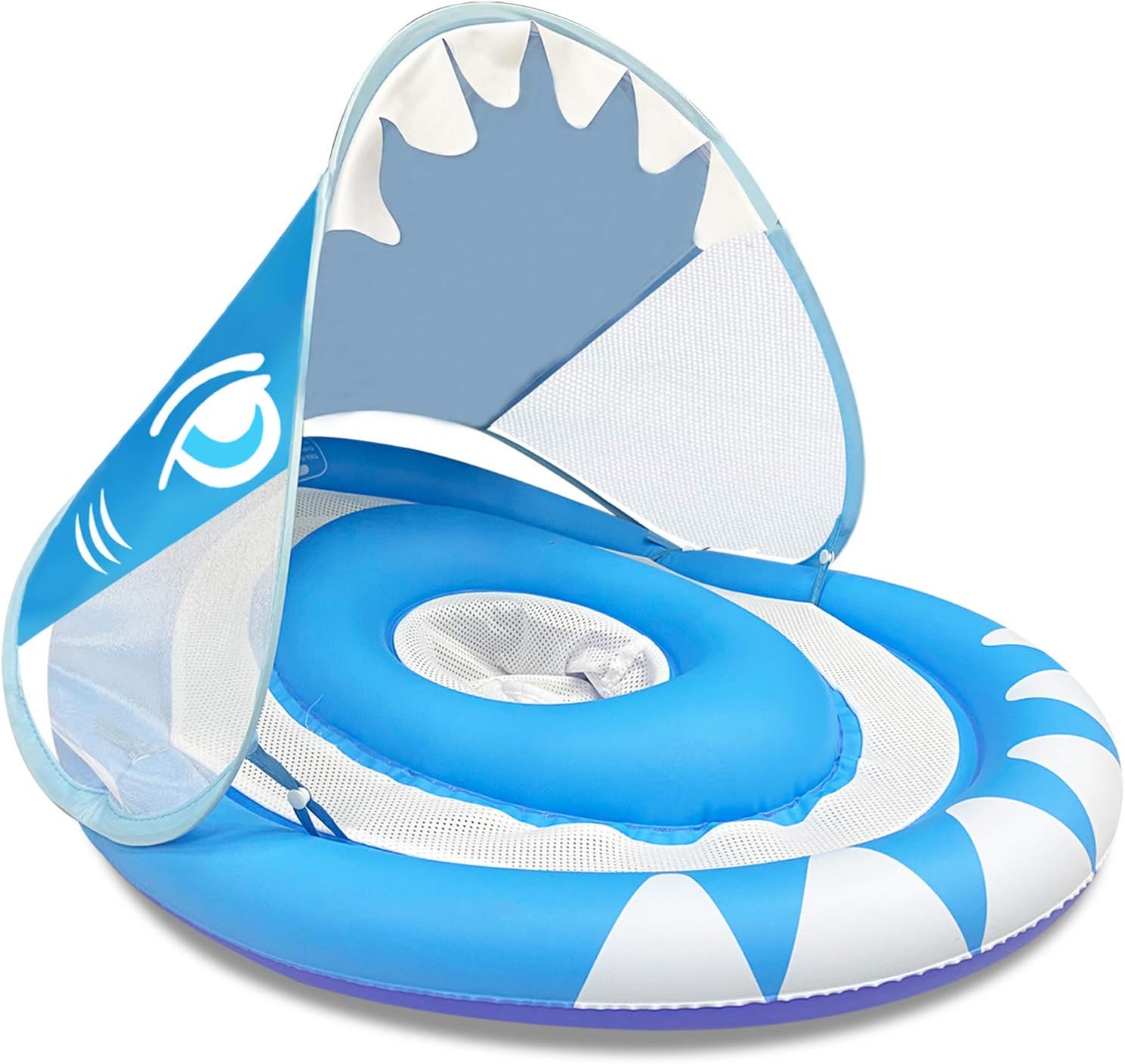 Shark Shape Baby Swimming Pool Float Ring with Removable Sun Canopy Safety Seat, Newest Inflatable Babies Spring Floatie Double Airbag Swim Trainer Newborn Infant Toddler, 6-36 Months