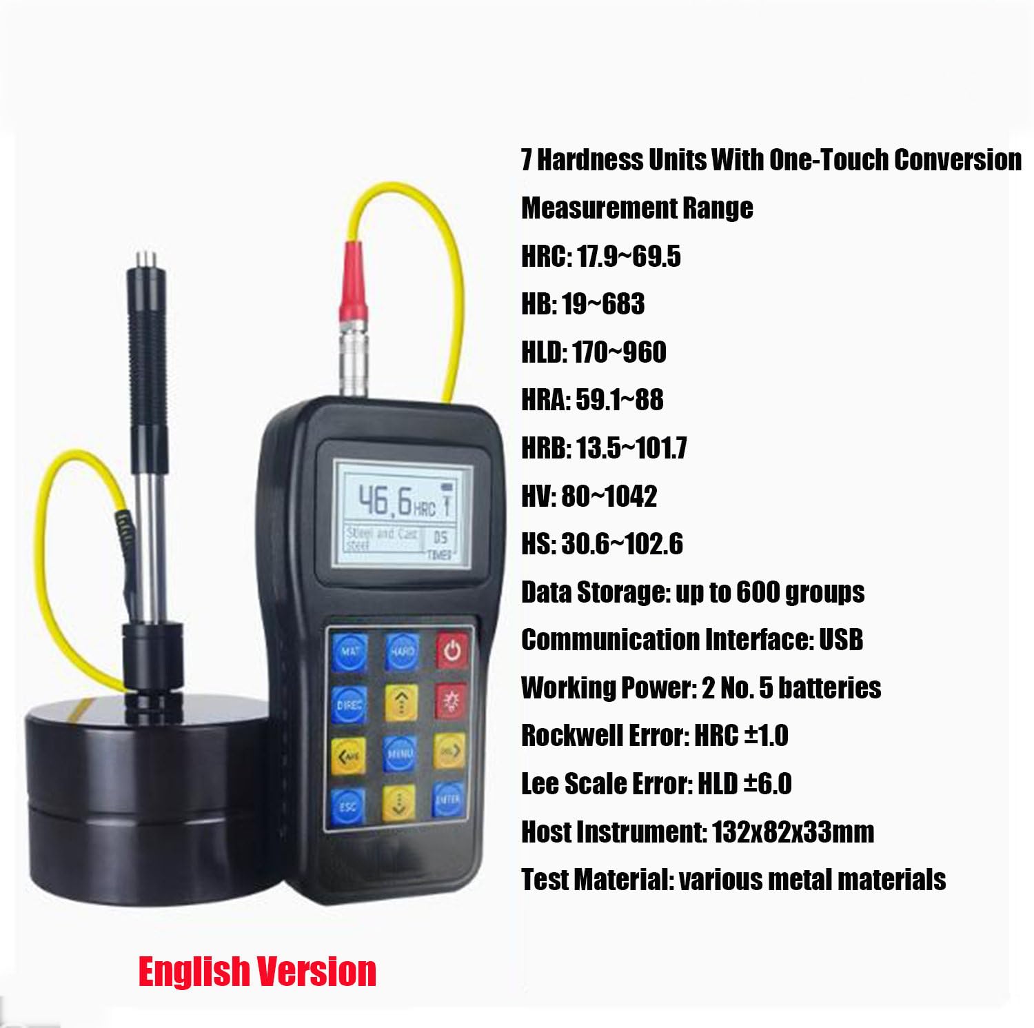 Przenośny zestaw testera twardości metali, 7 w 1 Leeb Durometer, dokładny sprzęt do testowania twardości, obsługa połączenia danych USB/PC