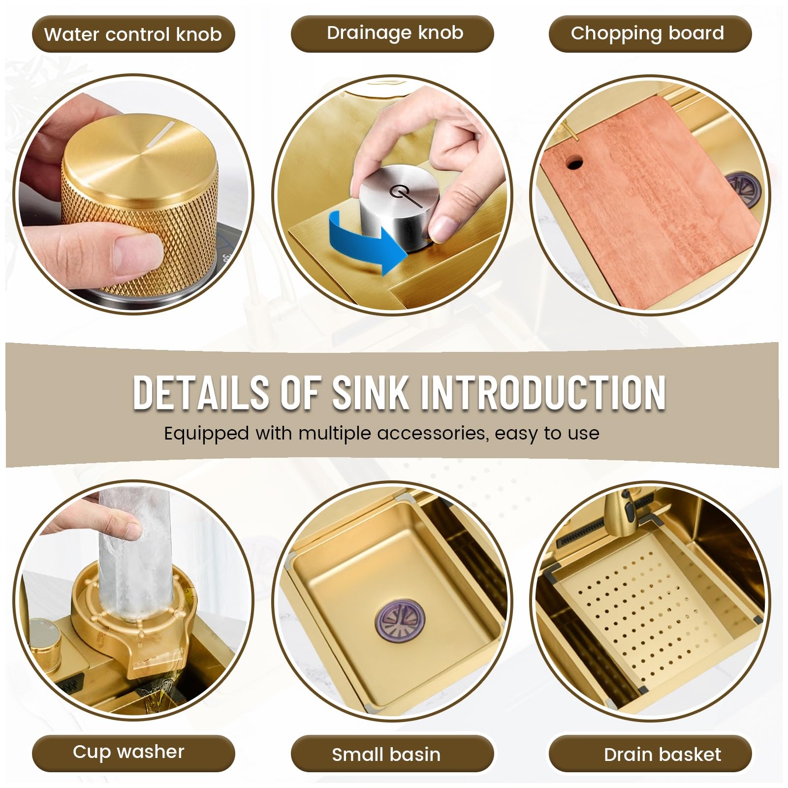 Fregadero de Cocina Grande con escurridor, Fregadero de un Solo Seno para encimera, para instalación empotrada, Acero Inoxidable Essential, Incluye Kit de desagüe Completo (Dorado,