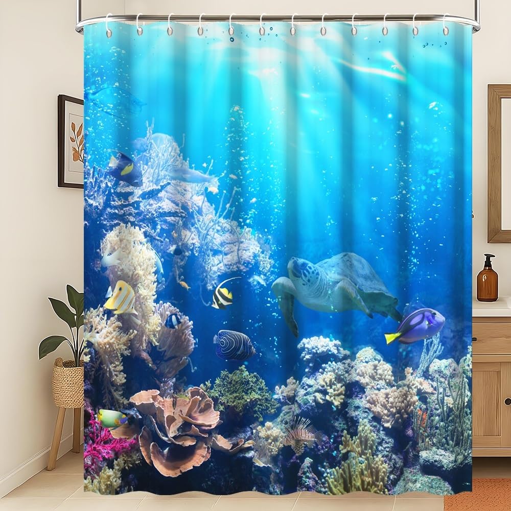 Xiaoterna Ocean Shower Curtain Underwater Marine Life Sea World Turtles Fishes Bathroom Curtain Coral Reef Floral Washable Waterproof Mildew Resistant Bathroom Decoration 105x160cm โ image 1