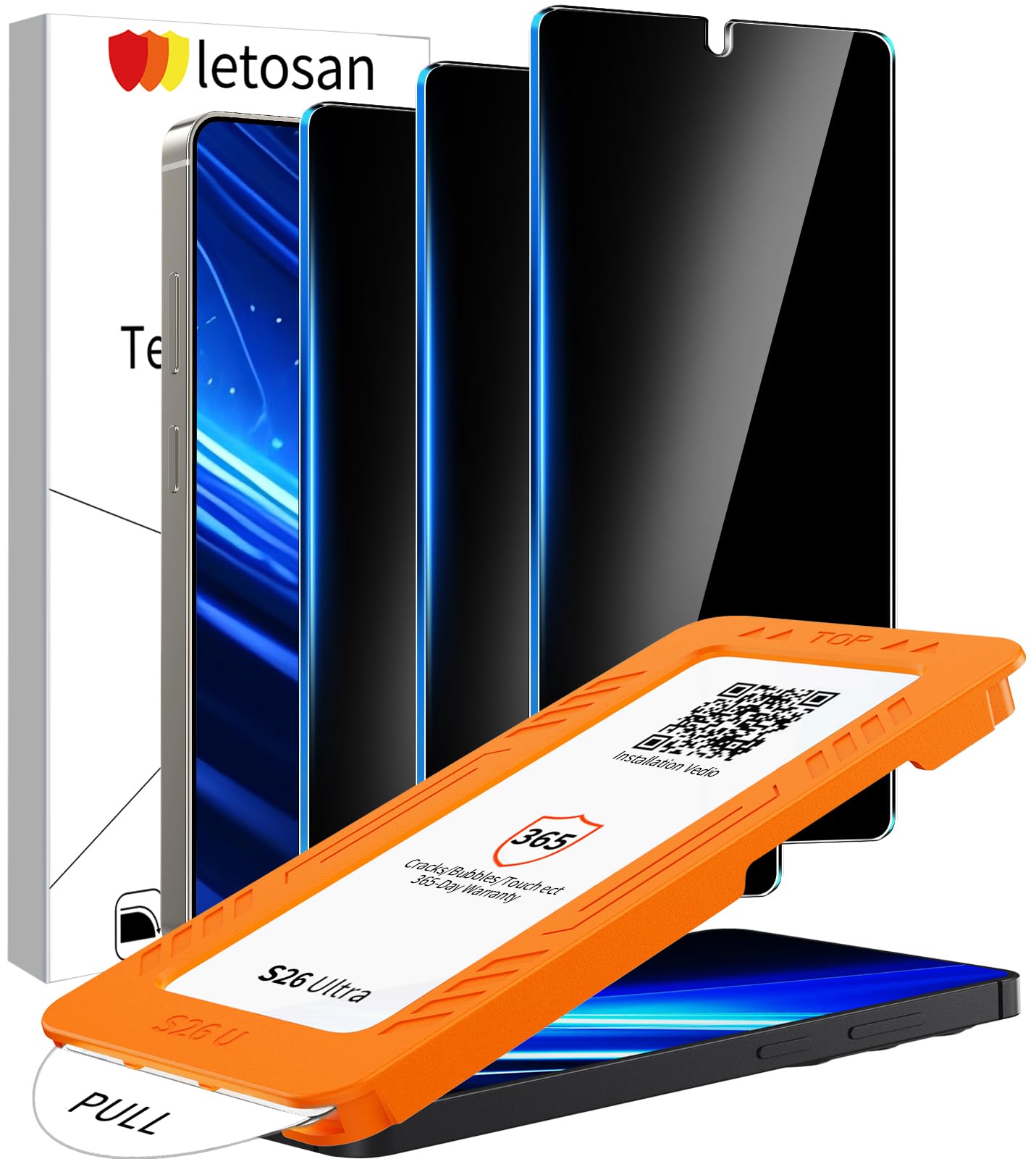 3 Pack Privacy Screen Protector for Samsung Galaxy S26 Ultra Tempered Glass, 9H+ Hardness, 12FT Military Grade Shatterproof, Auto Alignment Frame, Bubble Free Case Friendly HD Clear 6.9 Inch