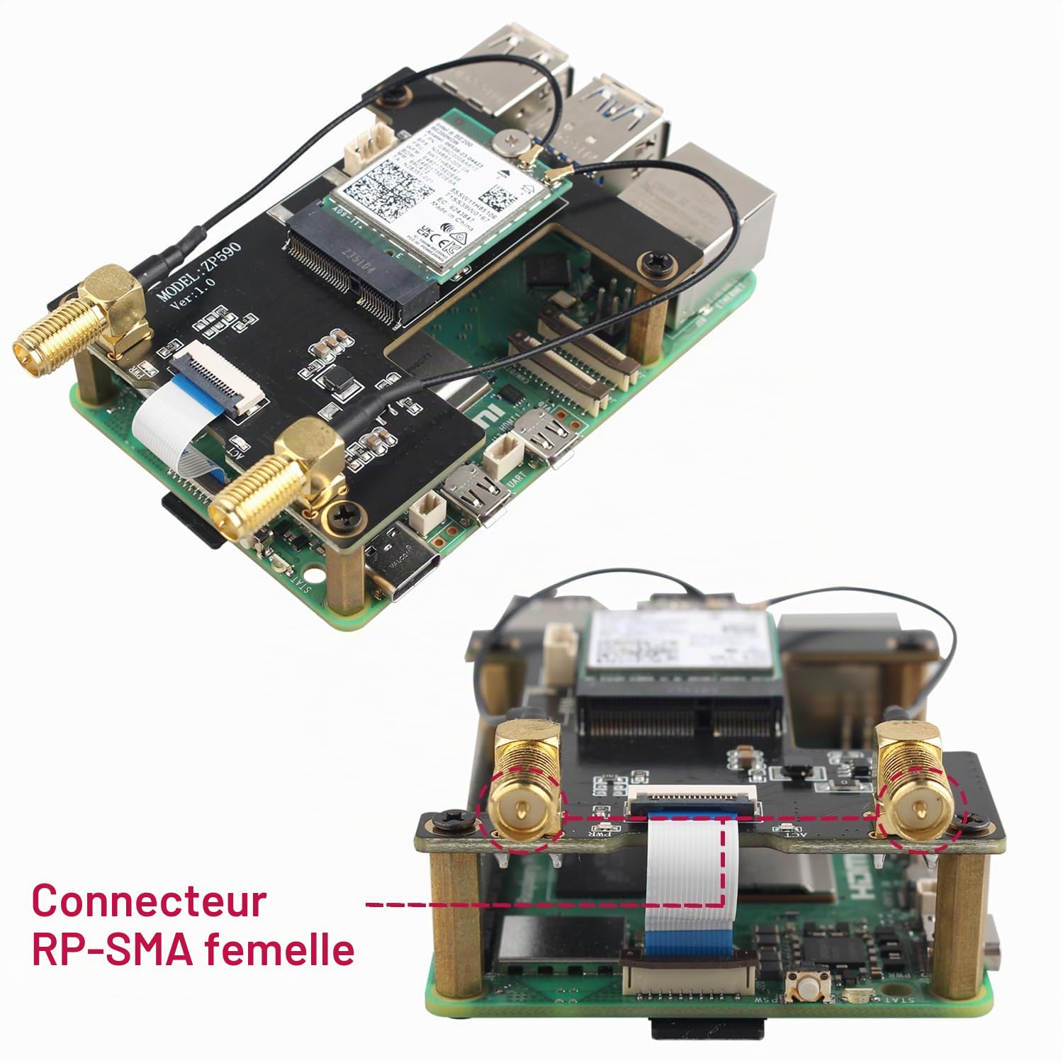 ZDE ZP590A PCIe to M.2 E Key WiFi7 6 6E 5 Hat Adapter for Raspberry Pi 5 | WiFi Adapter Expansion Board, Support Google TPU WIFI 7 BE200 WIFI6E AX210 MT7922 WIFI6 AX200