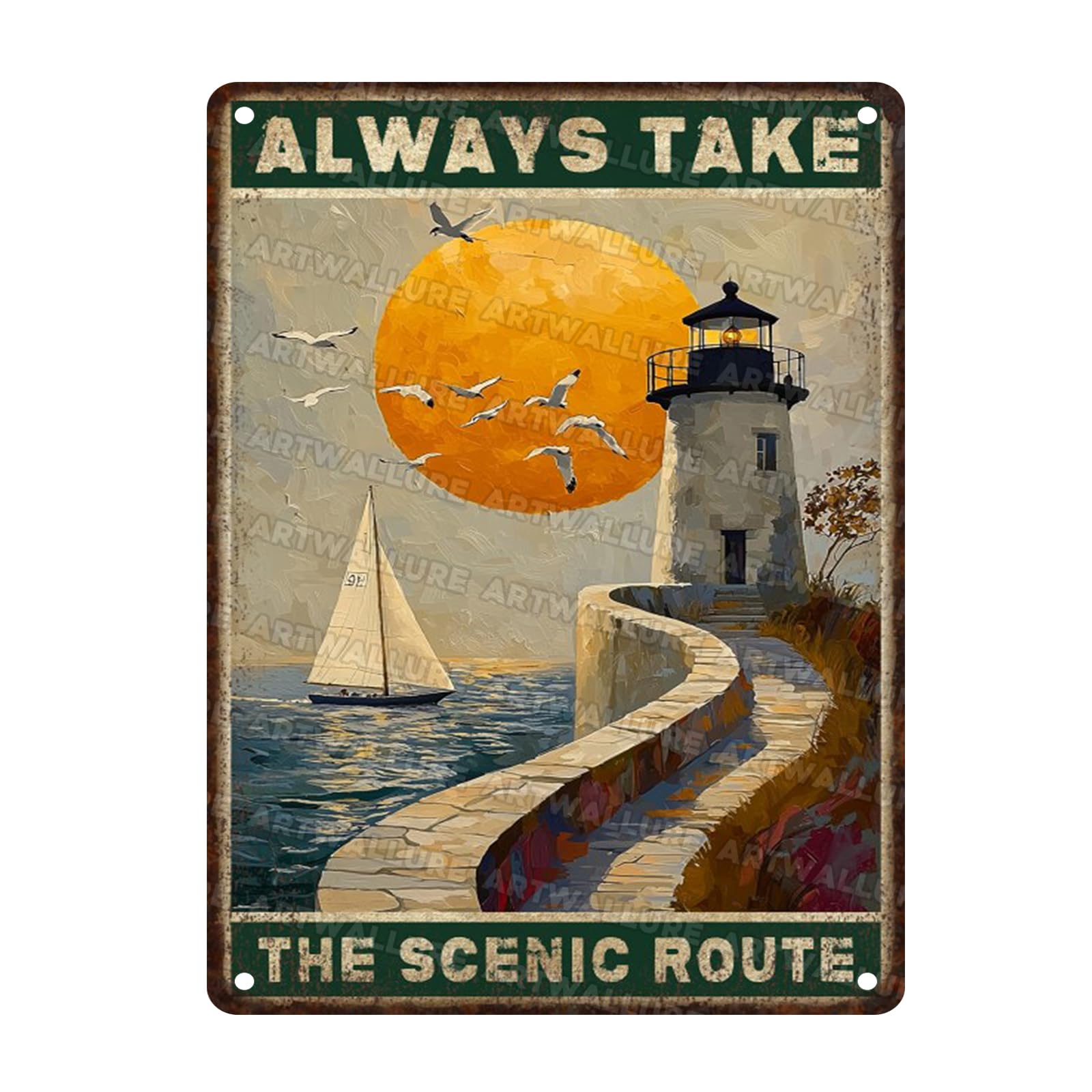 Vintage Inspired Quote Metal Tin Sign Always Take The Scenic Route Rustic Wall Art Plaque Retro Diner Garage Decor For Home Office Man Cave Shed 12x16inch