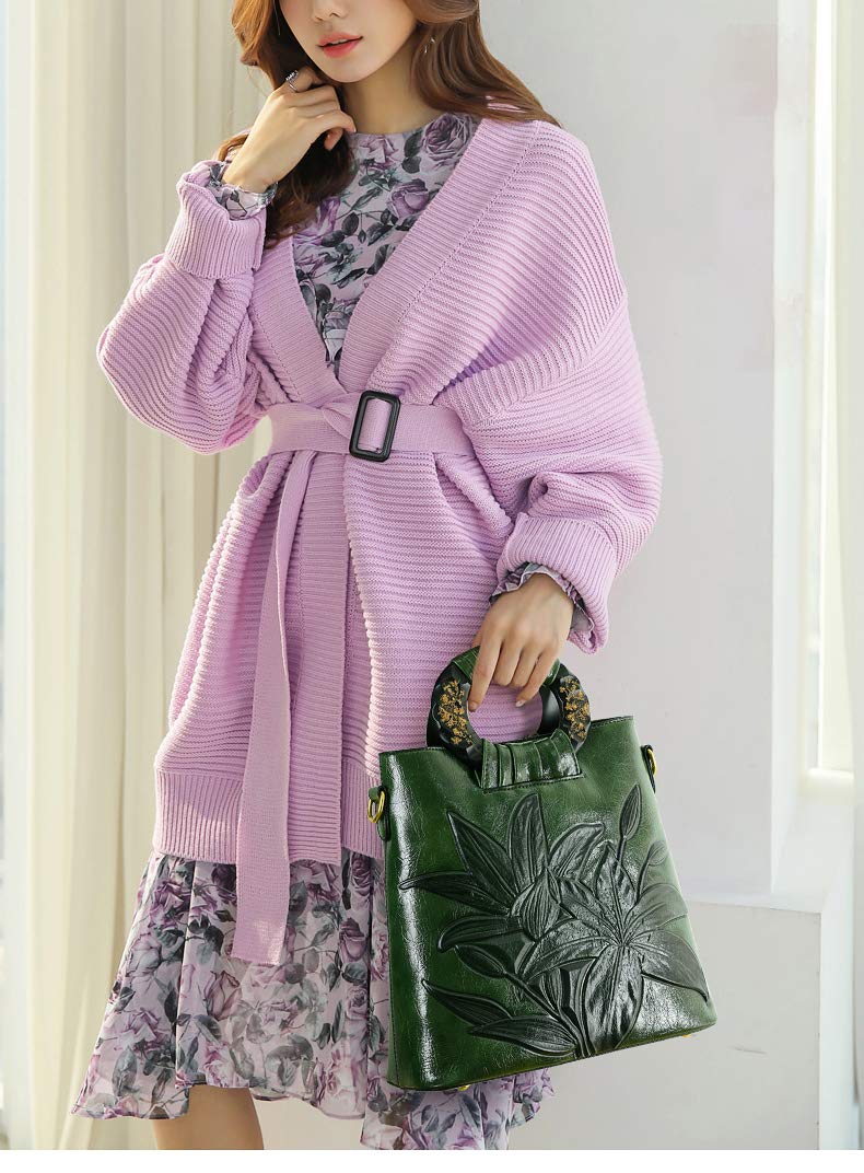 Borsa a mano con Tracolla da Donna Borse Manico in Legno Goffratura di Classica di Fiori Brose a spalla Verde