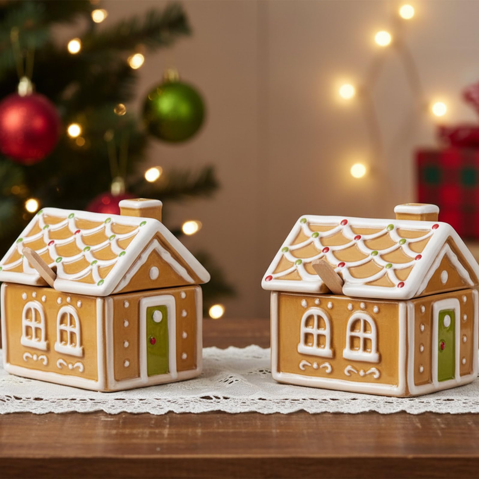 Honeydak Lebkuchenhaus-Zuckerdose aus Keramik mit 12,7 cm Löffeln, Weihnachts-Süßigkeiten-Vorratsdose mit Deckel, Backbehälter, Organizer, Urlaubsdekoration, Geschenk-Set, 10,9 x 8,9 x 10,9 cm, 4