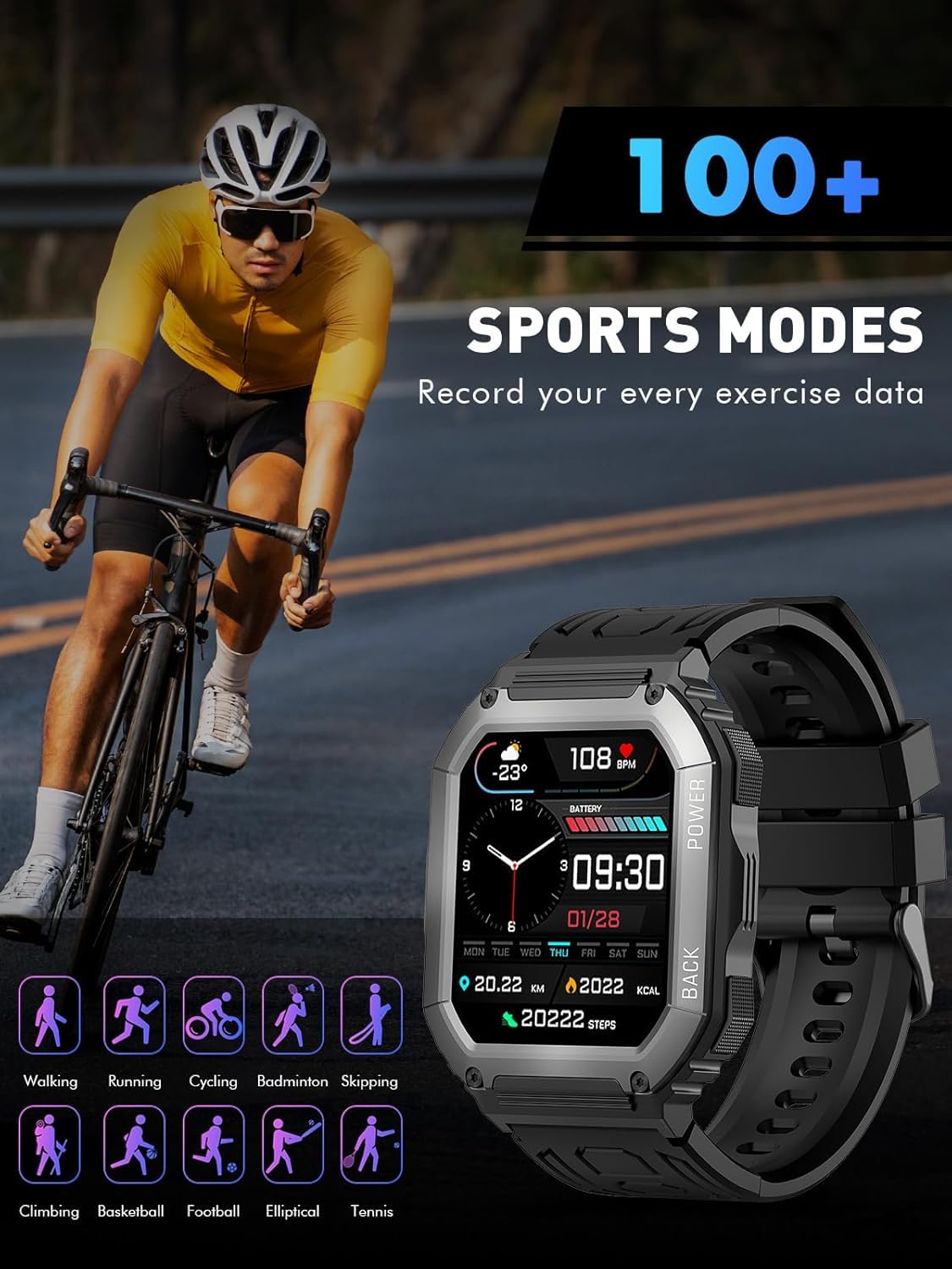 Smartwatch męski, ekran dotykowy o przekątnej 1,8", z funkcją telefonu, 100 + trybów sportowych, wodoszczelność IP68, zegarek sportowy, zegarek fitness z monitorem tętna, snu, krokomierzem