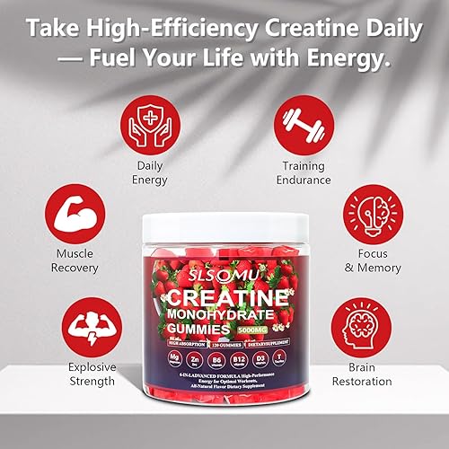 Miniatura 6 de Gomitas de monohidrato de creatina, 5000 mg para mujeres y hombres, suplemento preentrenamiento con magnesio, zinc y taurina, sabor a fresa, aumenta