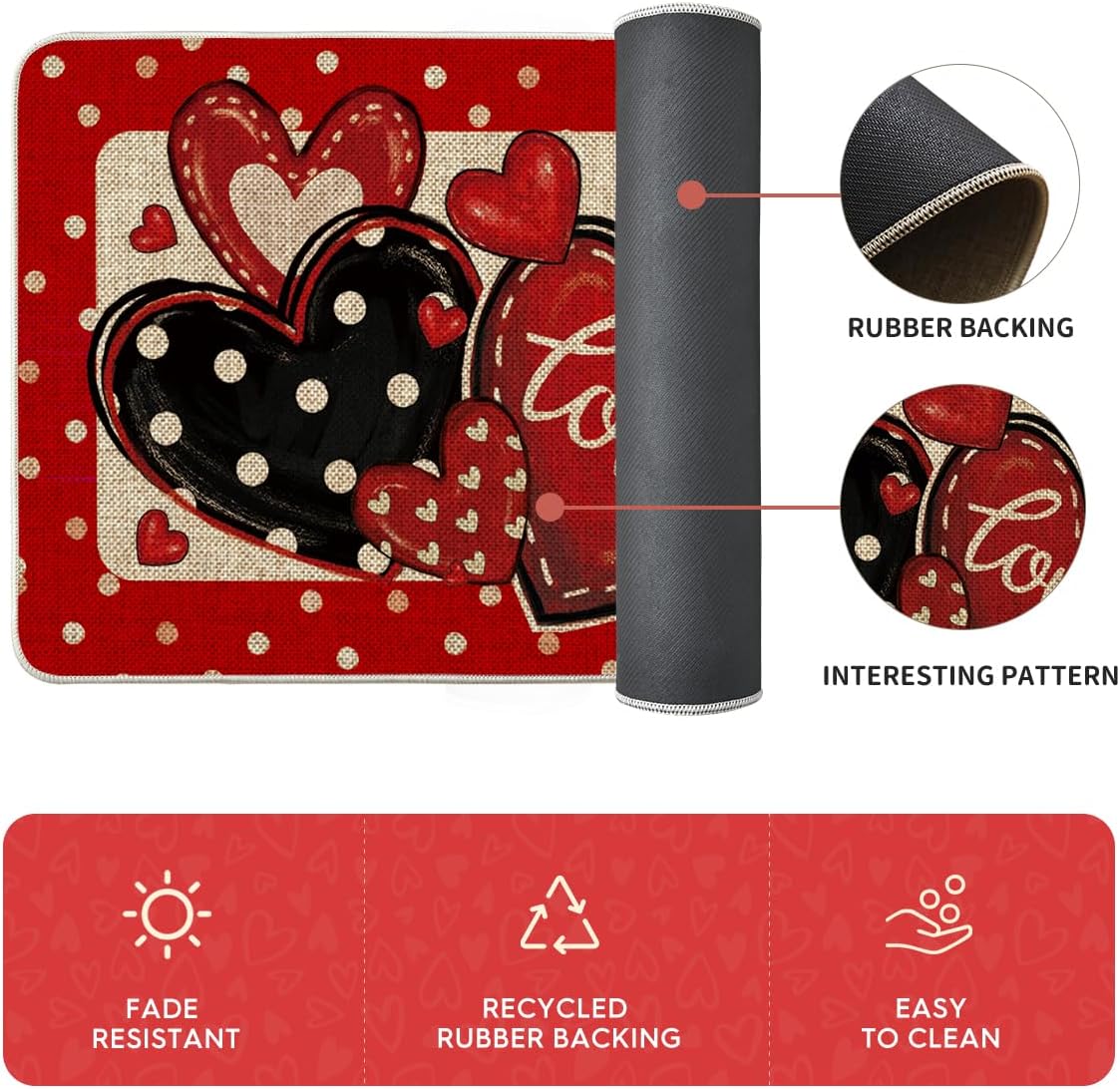 Artoid Mode Red Dot Heart Love Valentines Kitchen Mats Set of 2, Low-Profile Home Decor Kitchen Rugs for Floor - 17x29 and 17x47 Inch