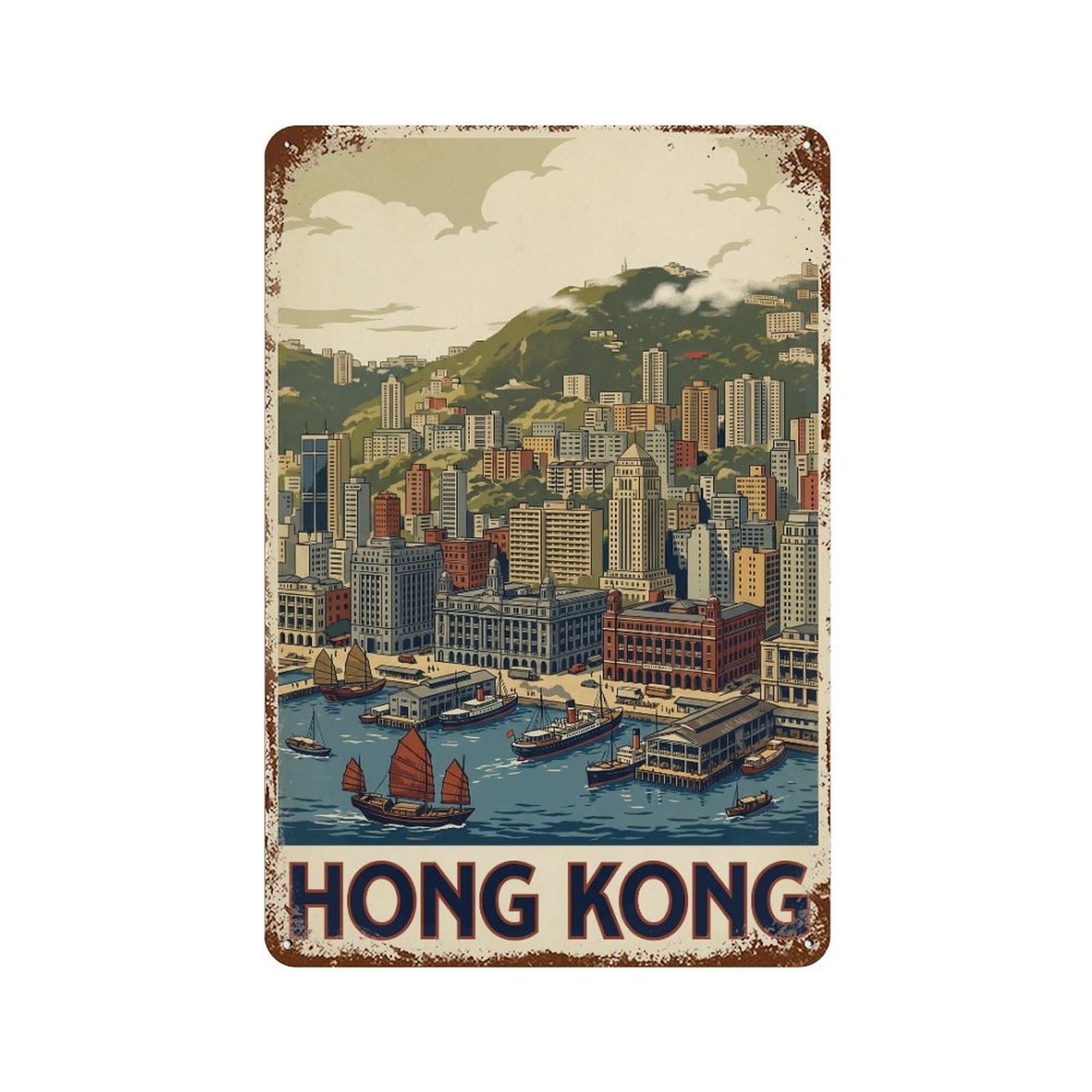 Metal Tin Sign Vintage Travel Hong Kong Cityscape