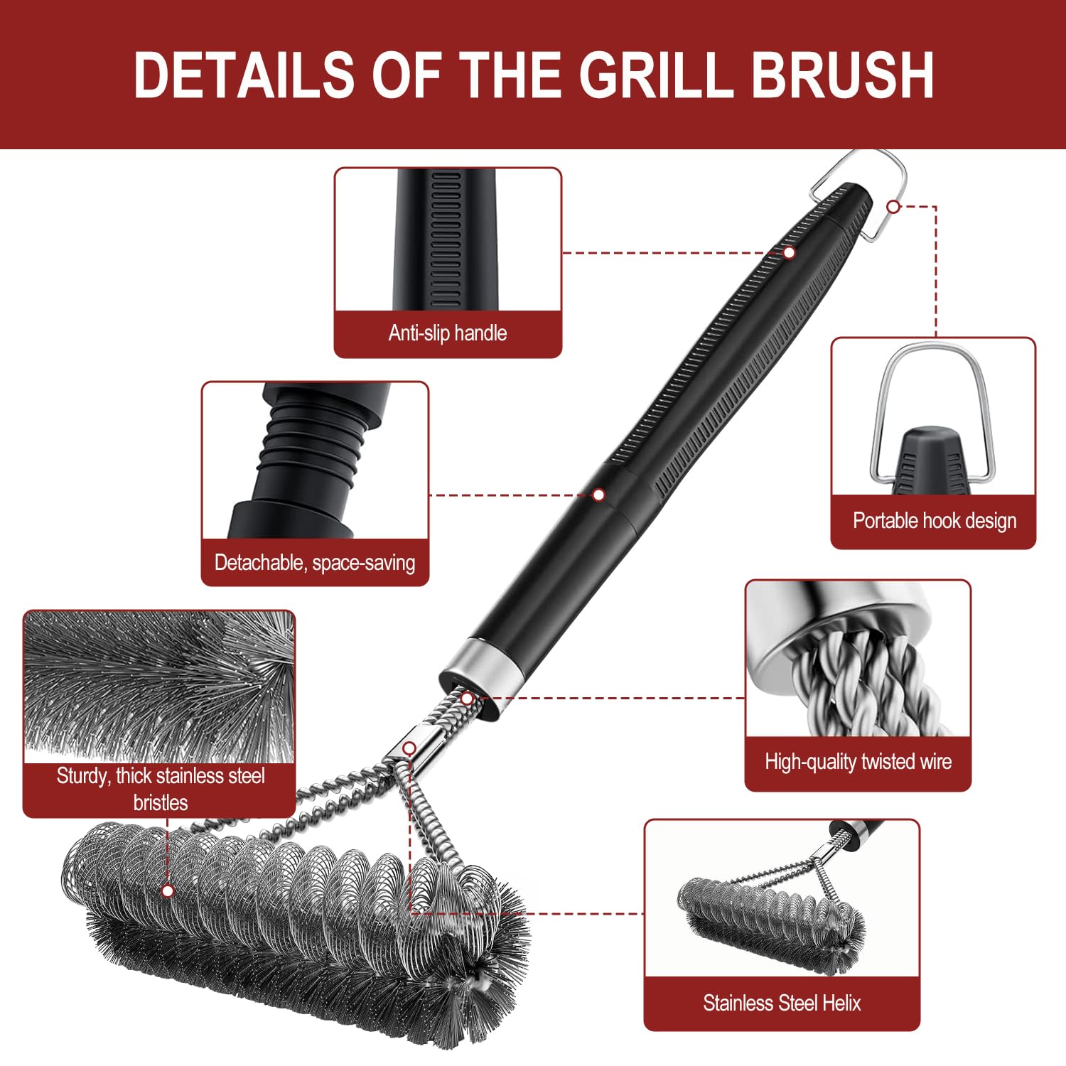 Brosse de Nettoyage pour Barbecue en Acier Inoxydable 45.5cm avec Grattoir Intégré Nettoyage 360°