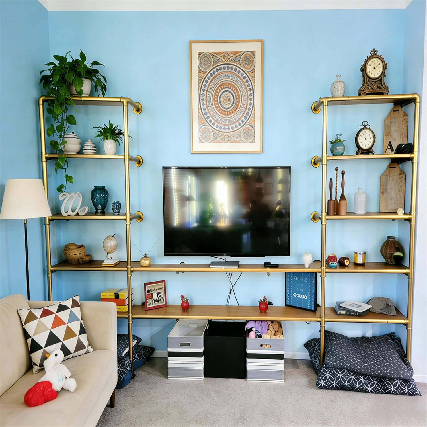 Goldene industrielle Wandhalterung, Eisenrohr-Regalhalterung, Retro-Bücherregal, Lagerregale, Deckenregale für Zuhause, Küche, Bad, Wohnzimmer, Büro (2 Stück x 5 Etagen, 172 cm hoch, 25,4 cm tief, nur