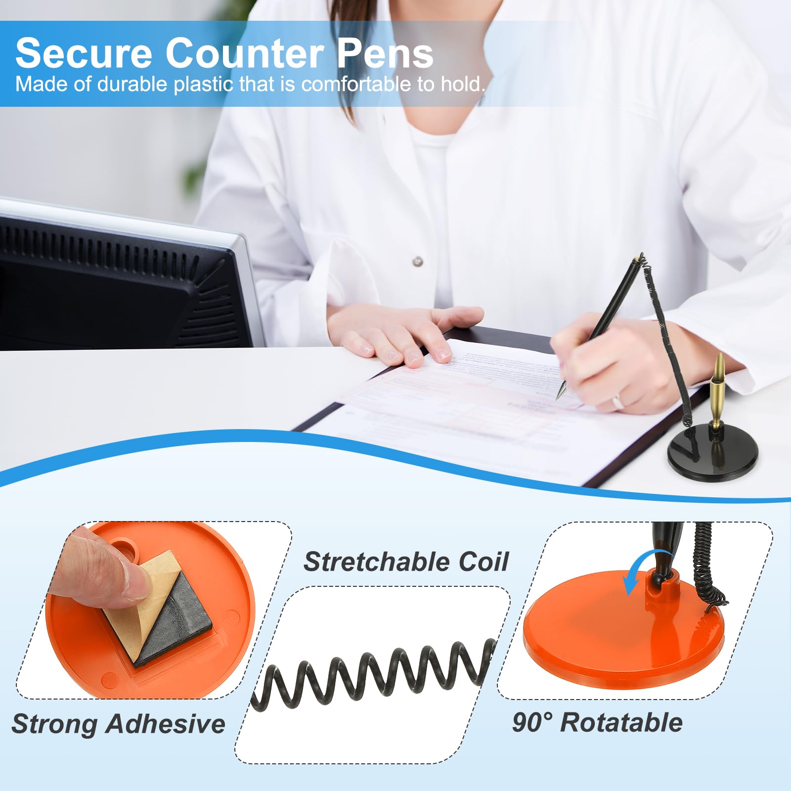 PATIKIL 12 Stück sichere Stifte mit Klebebandkette & Sicherheitsstifthalter, Empfangstresenstifte Schreibtischstift Nachfüllungen mit schwarz Tinte für Büro Zuhause, Flache Basis, Orange