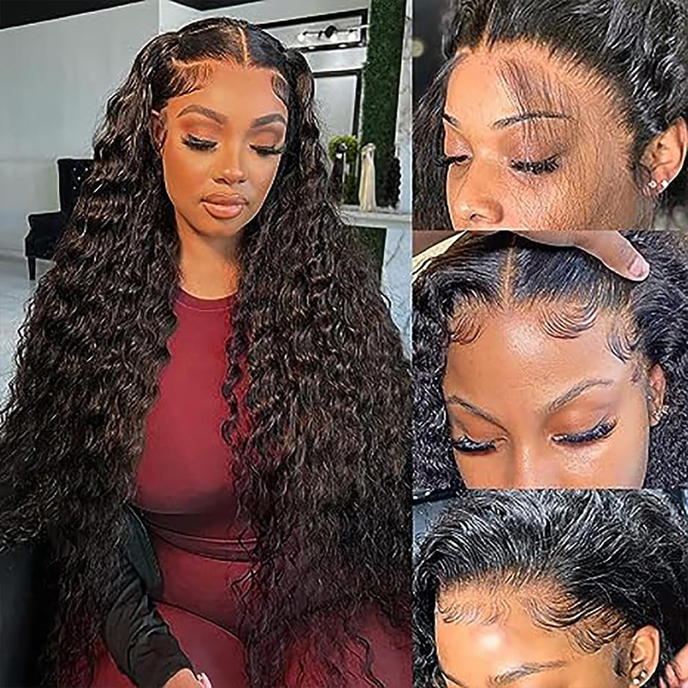 Human Hair Wig 13x1 Glueless Lace Frontal Deep Wave Perruques Unprocessed Brazilian Virgin Hair Pre Plucked Baby Hair 1b Natural Black Minimal Tangle For Women 24 Inch