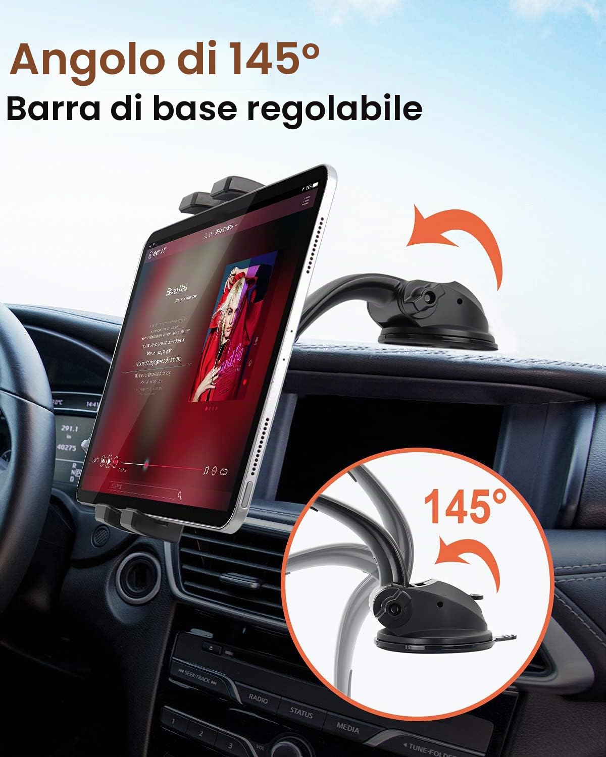 Oilcan Supporto da cruscotto per tablet da auto, con ventosa e braccio regolabile per iPad Mini Air Pro, iPhone, Samsung Tab, Lenovo, Huawei ecc. (4-12,9 pollici)