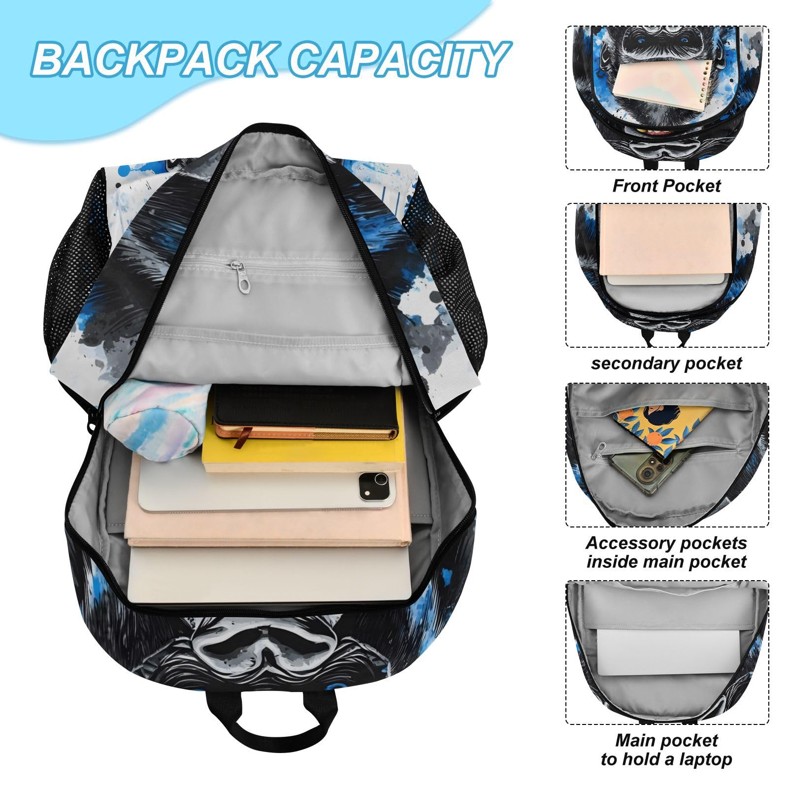 ALAZA King Kong - Set zaino e borsa per il pranzo con viso blu, per ragazze e ragazzi, borsa per la scuola, librerie, zaino elementare, zaino casual