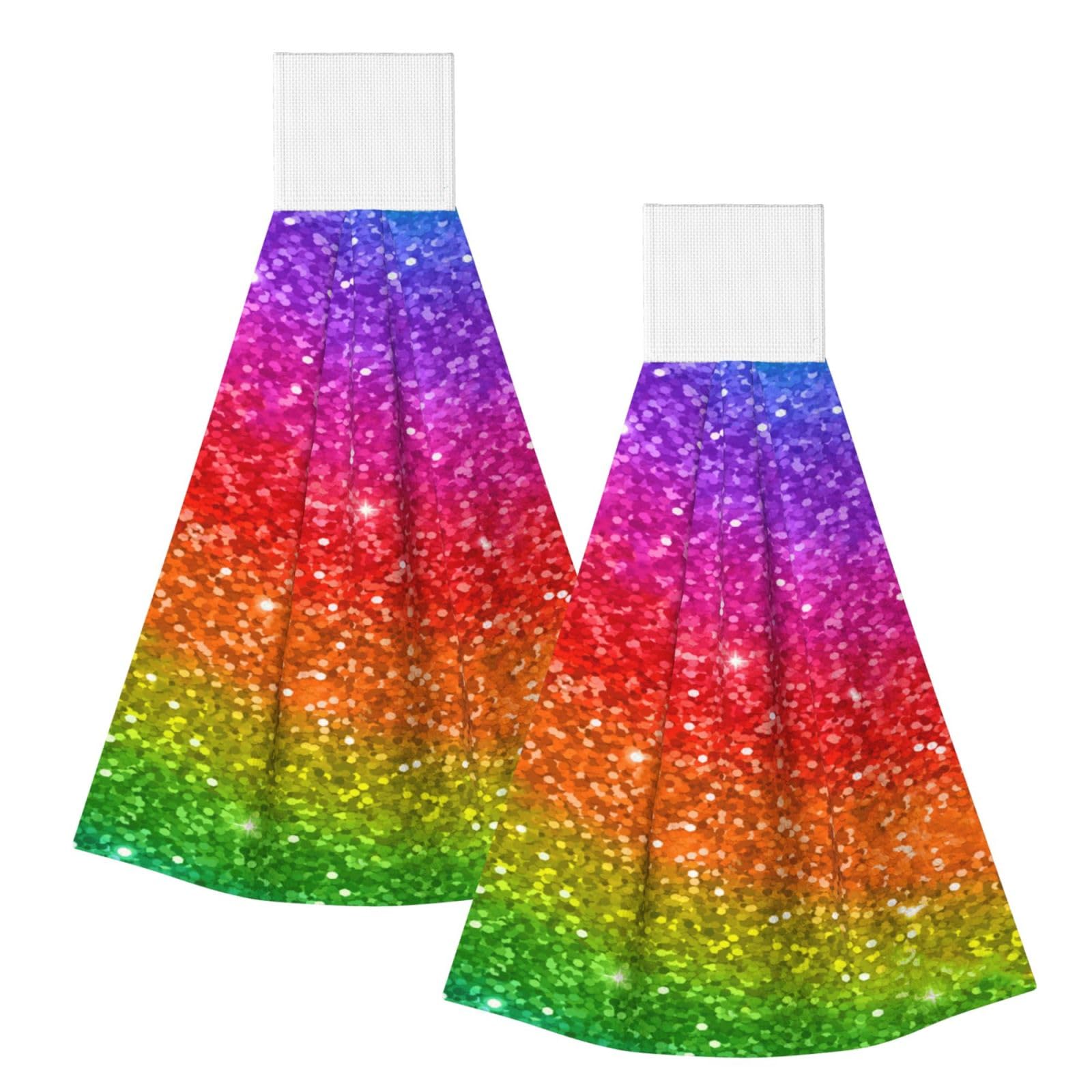DOPKLNA Shiny Sparkles Rainbow Colors Glitter, 2 Pcs Hanging Coral Fiber Hand Towels for Bathroom, Absorbent Kitchen Towels