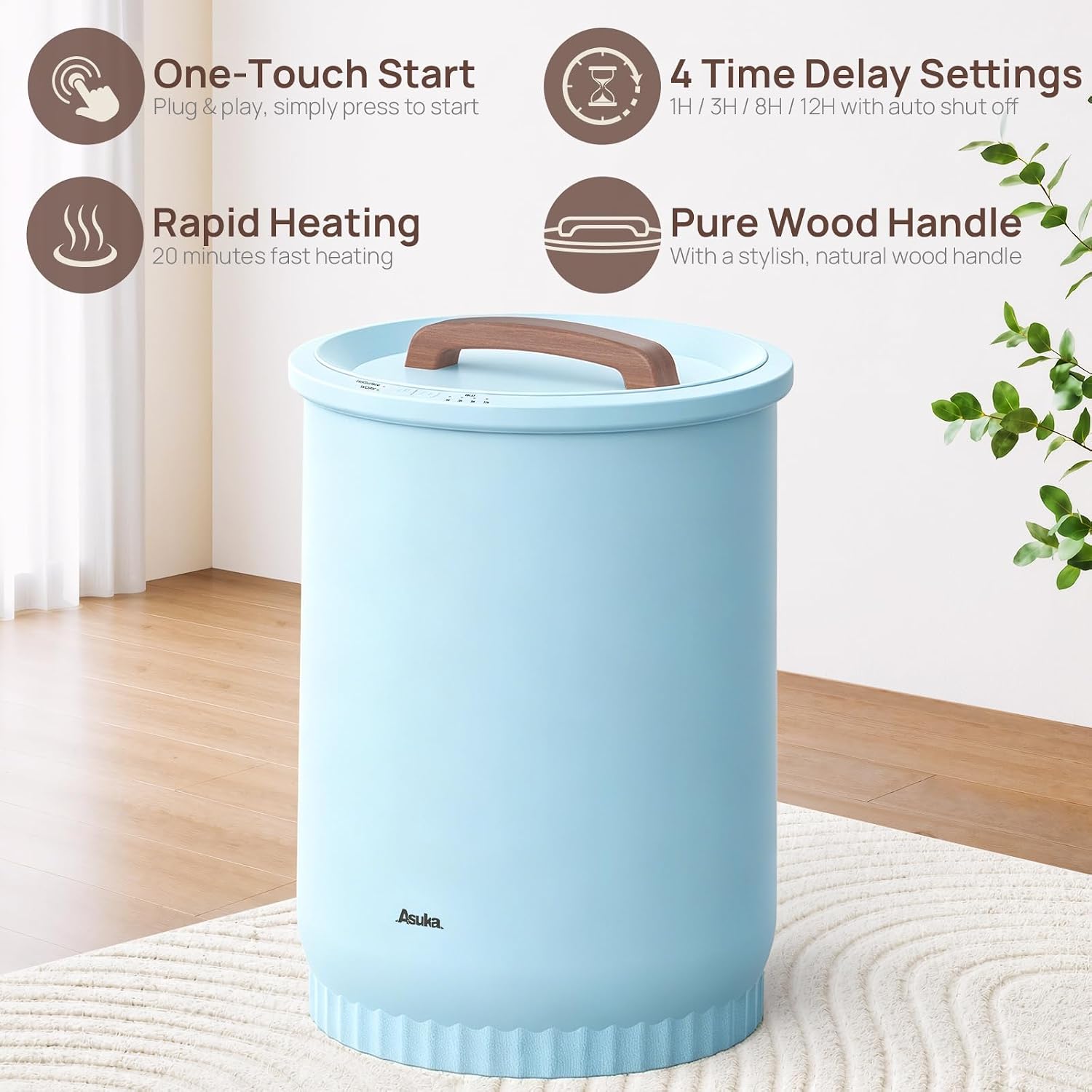 Asuka Towel Warmer, Large Towel Warmer for Bathroom with Wood Handle, 4 Delay Settings&Auto Shut Off, Towel Warmer Bucket Fits Two 40"X70" Oversized Towels, Bathrobes, Blankets, PJ's and More, Blue