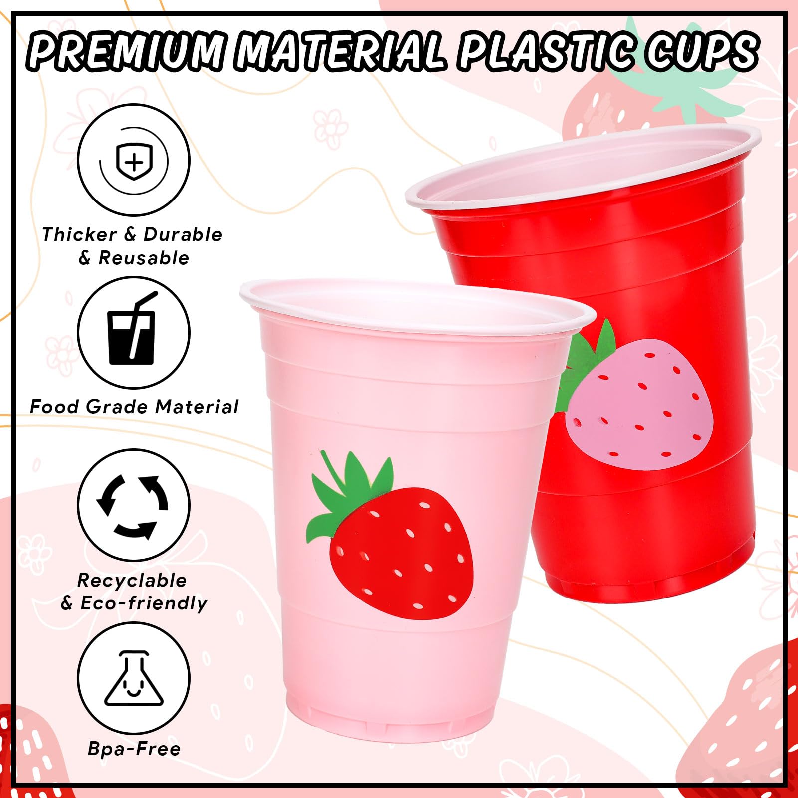 FYSUIMU Erdbeer-Plastikbecher, 473 ml, Rot / Rosa, Einweg-Trinkbecher, stapelbar, Partybecher für Sommer, Geburtstag, Babyparty, Partyzubehör, 100 Stück