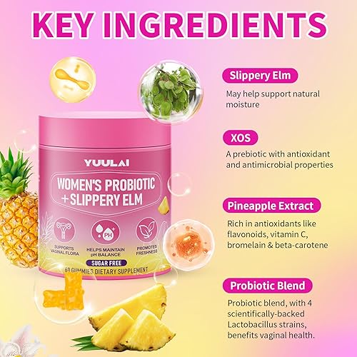 Miniatura 4 de Gomitas probióticas de olmo resbaladizo para mujer, gomitas probióticas jugosas para apoyar el equilibrio del pH, la salud intestinal y el sistema