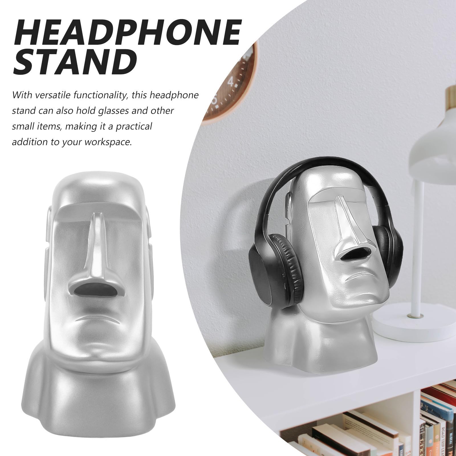 Toyvian Kopfhörerhalterung aus Kunstharz in Moai Statue Design Dekorativer Kopfhörerständer für Schreibtisch Eleganter Organizer für Büro und Zuhause Silberfarbene Kreative Dekoration