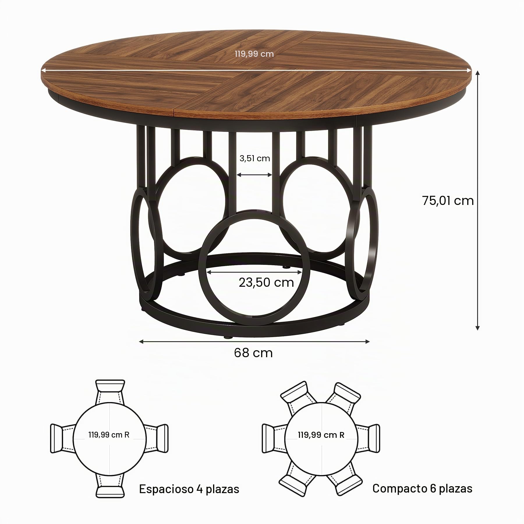 Tribesigns Mesa de comedor redonda de 47 pulgadas, mesa de cocina de madera con base de metal resistente para 4-6 personas, mesa de comedor circular grande para comedor, cocina, sala de estar (marrón