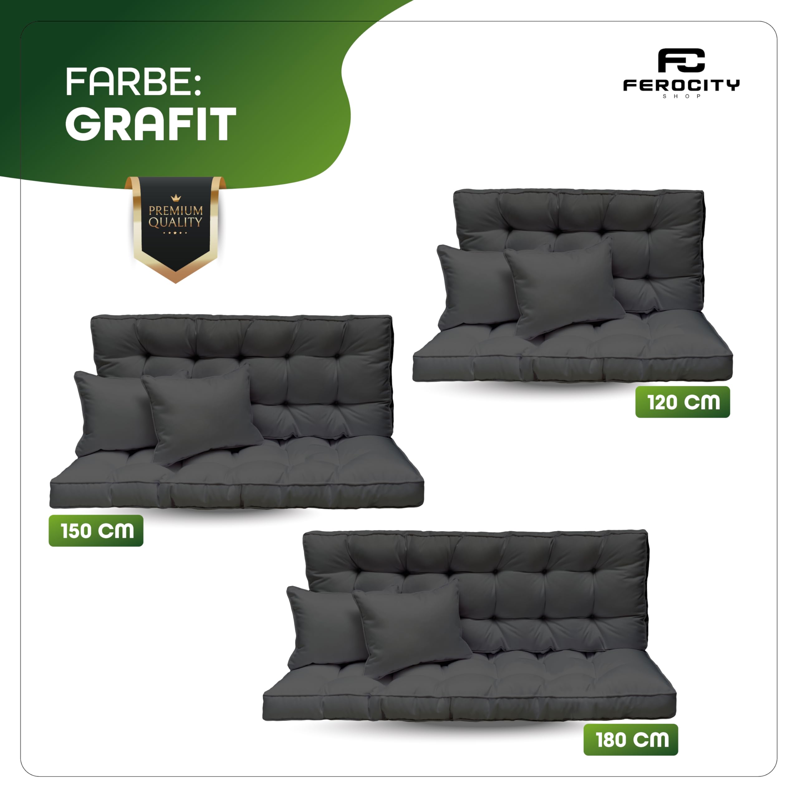 Cuscino per altalena da giardino 150x50x10 cm - Set 3 posti: cuscino seduta e schienale per altalena con tettoia – cuscini da esterno per panca da giardino, pallet europeo – Colore: Grafite [133]
