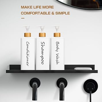 GMISUN Shampoo and Conditioner Dispenser, Refillable White Shampoo and Conditioner Bottles with Bamboo Pump, Modern Bathroom Shower Bottles Set for Shampoo Conditioner Body Wash, 3 Pack
